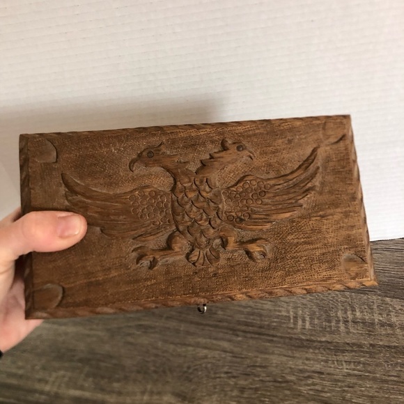 Hand Carved Double Eagle Wood Box with Key - Picture 12 of 15